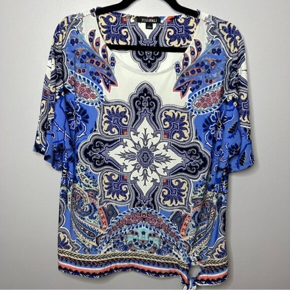 Roz & Ali Short Sleeve Blue Coral White Multi Stretch Blouse Large - Picture 2 of 11